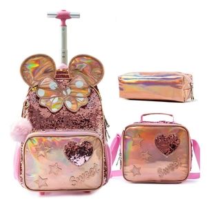 lvyH Women Girls 3 in 1 Pink Sequins School Rolling Backpack Student with Lunch